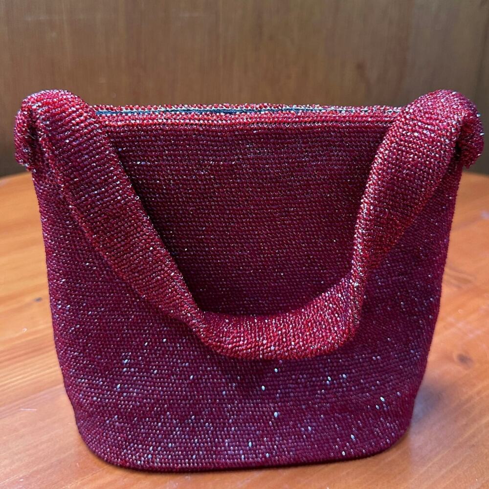 Vintage (40s) Hand Beaded Red Carnival Glass Bag w/snap frame closure+coin purse